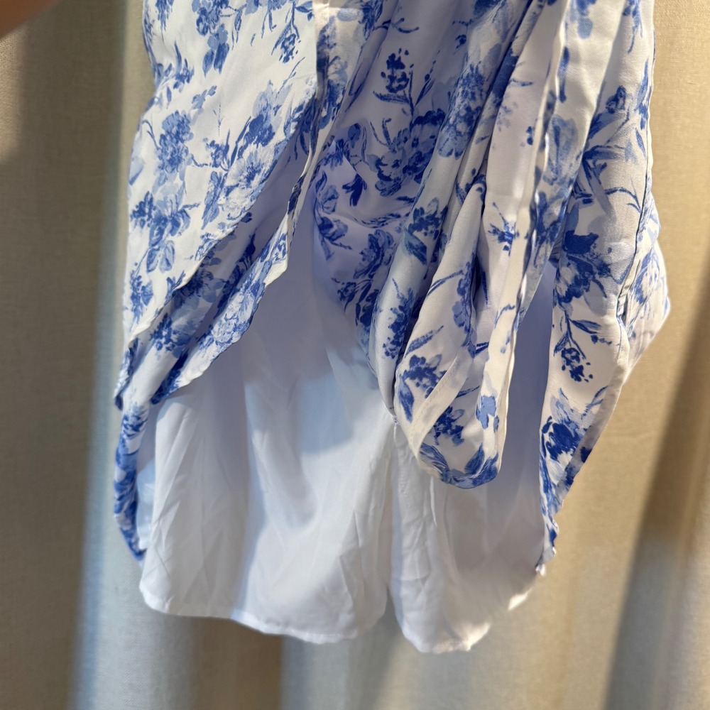 NWT Floral Mini Romper Blue White Puff Sleeve Corset Ruffle Tiered Cottagecore - Picture 5 of 6